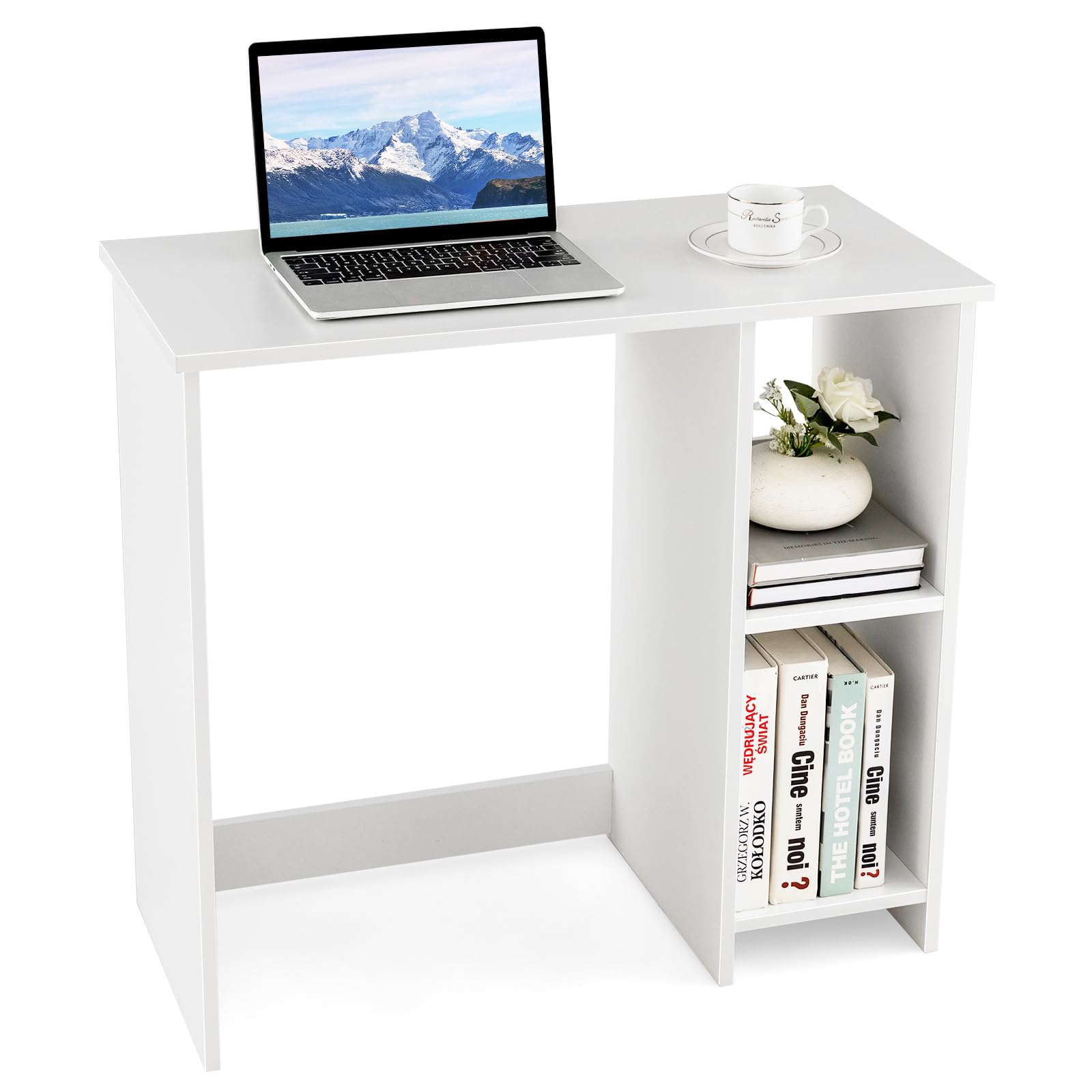 Tangkula Petit Bureau Blanc avec Étagères, Bureau Compact pour Petit Espace